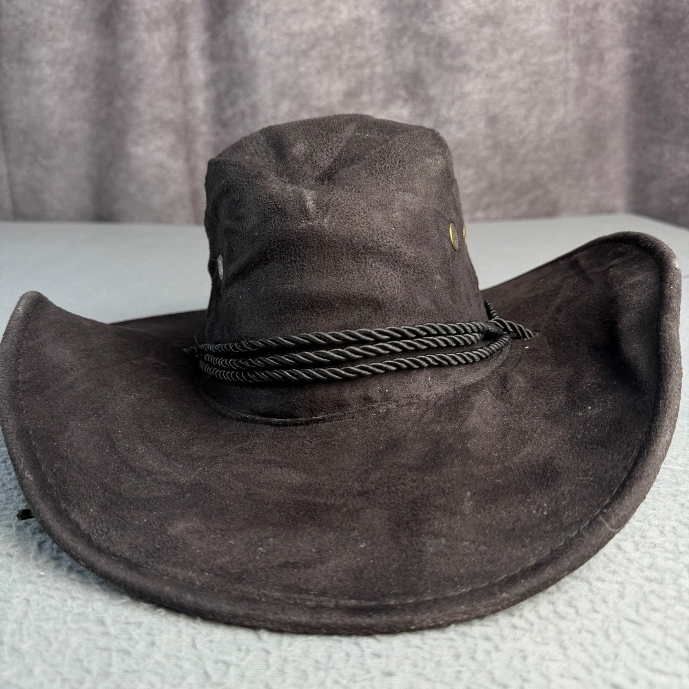 Black Faux Suede Cowboy Hat Wide Brim Outback Western Style with Chin Strap